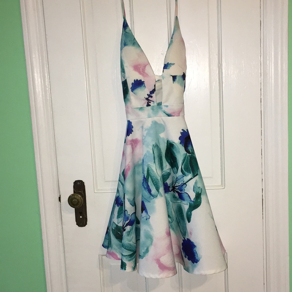 pink, aqua and blue flower dress with cutout
